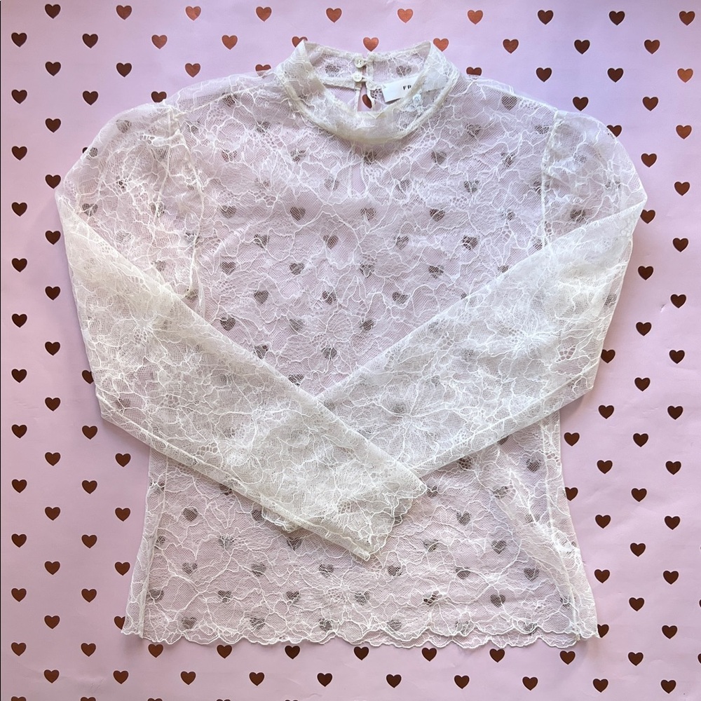 FRAME Sheer Lace Mock Neck Top